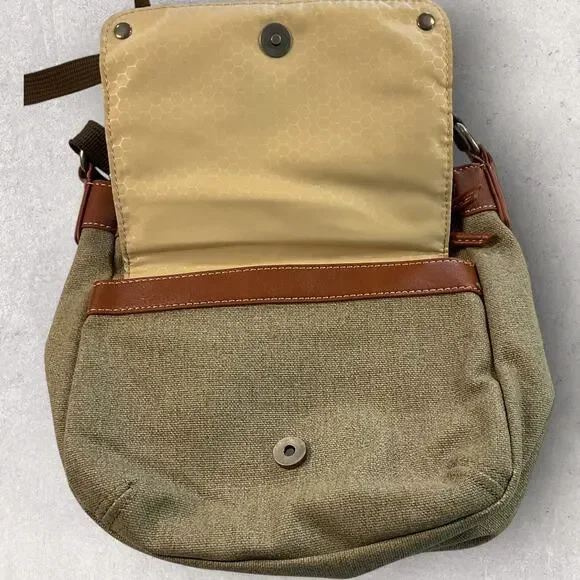 Sherpani Crossbody Purse Canvas Leather Trim Boho Tree Patch Green Brown Bag - Picture 11 of 12